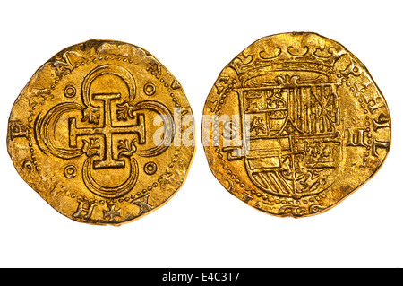 Pièce d'or espagnole - 2 escudos, Philip II (Séville) Les répliques de menthe Banque D'Images