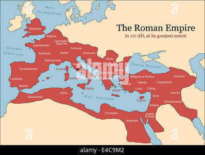 L'Empire romain à son apogée en 117 annonce à l'époque de Trajan, plus les provinces principales. Banque D'Images