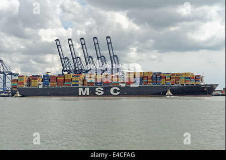 Les 151 000 tonnes de navires porte-conteneurs MSC Gaia être manoeuvré à l'aide de remorqueurs dans le terminal à conteneurs de Felixstowe (Royaume-Uni). Banque D'Images