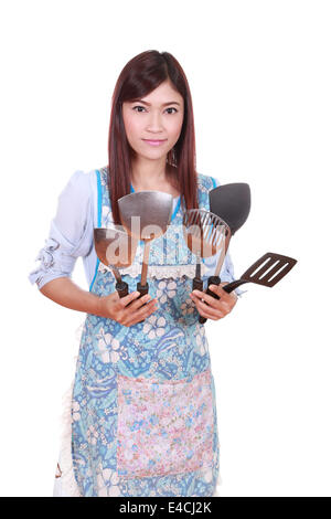 Femme chef de cuisine spatule isolé sur fond blanc Banque D'Images