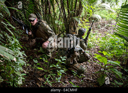 US Navy escadron fluviales côtières deux commandos de la force de service spécial Voyage à travers la jungle épaisse pendant l'insertion et d'extraction Banque D'Images