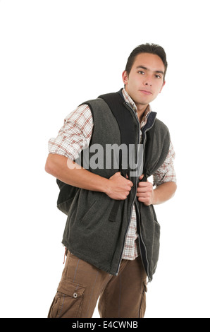 L'homme portant Beau gilet et sac à dos Banque D'Images