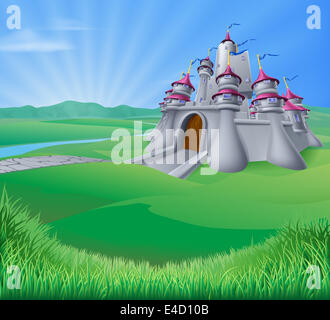 Une illustration d'un cartoon fantasy fairytale château médiéval dans un paysage de collines Banque D'Images