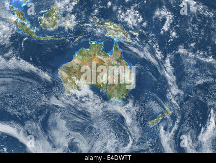 L'Océanie avec frontières du pays et la couverture nuageuse, True Color Image satellite. La couleur vraie image satellite de l'Océanie avec countr Banque D'Images
