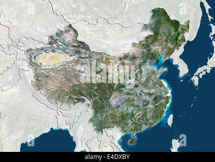 La Chine, véritable image satellite de couleur avec bordure et masque Banque D'Images