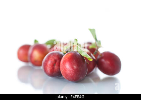 Les prunes rouges bien mûrs sur une table, sur un fond blanc Banque D'Images