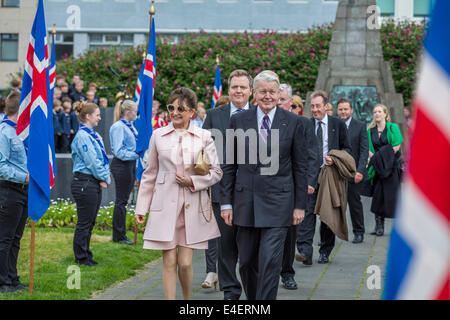 Olafur Ragnar Grimsson (Président), Dorrit Chevaleraud (Première Dame), Sigmundur David Gunnlaugsson (Premier ministre), l'Islande Banque D'Images