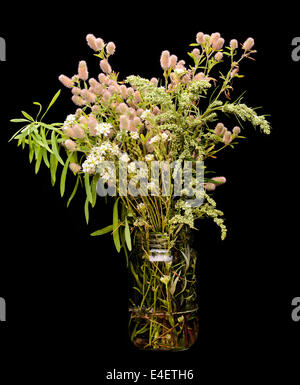 Un bouquet de fleurs et plantes sauvages de la prairie, dans un bocal en verre, isolé sur fond noir Banque D'Images