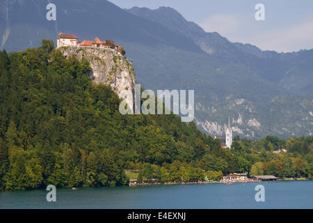 Château et église de Bled vu de l'île de Bled, en Slovénie. Banque D'Images
