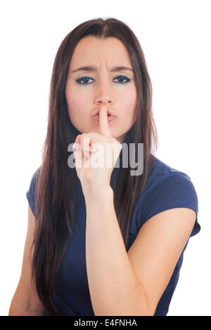 Close-up of a Woman shushing isolé sur fond blanc Banque D'Images