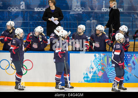 L'équipe américaine célèbre après but pendant le match de hockey sur glace vs fin aux Jeux Olympiques d'hiver de Sotchi en 2014, Banque D'Images