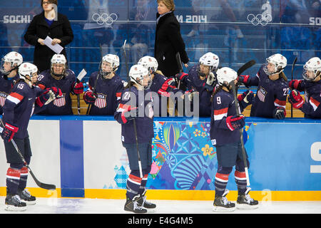 L'équipe américaine célèbre après but pendant le match de hockey sur glace vs fin aux Jeux Olympiques d'hiver de Sotchi en 2014, Banque D'Images