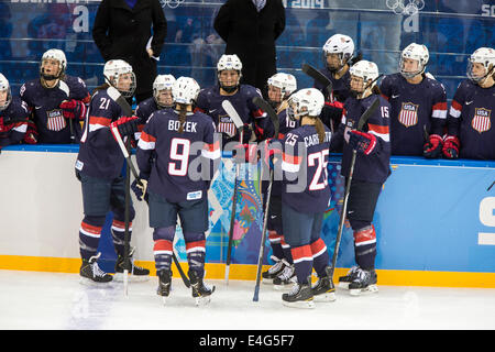 L'équipe américaine célèbre après but pendant le match de hockey sur glace vs fin aux Jeux Olympiques d'hiver de Sotchi en 2014, Banque D'Images