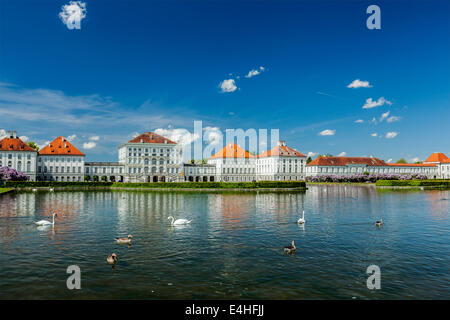 Les cygnes et canards dans la piscine artificiel devant le Palais Nymphenburg. Munich, Bavière, Allemagne Banque D'Images