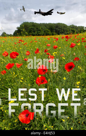 Souvenir de l'équipage affiche présentant un Spitfire, un Lancaster et un ouragan un sur un champ de coquelicots. Banque D'Images