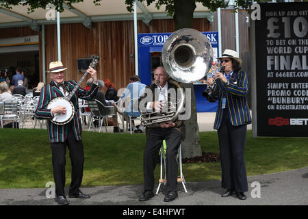 Newmarket, au Royaume-Uni. 12 juillet, 2014. Moët et Chandon juillet Festival, Darley July Cup 24. Une fanfare joue pour les spectateurs avant le début de course pour la journée d'Action : Crédit Plus Sport/Alamy Live News Banque D'Images