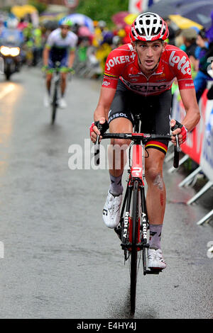 Tomblaine à Gerardmer, France. 12 juillet, 2014. 12.07.2014. Tomblaine à Gerardmer, France. Tour de France en vélo, l'étape 8. Jurgen VAN DEN BROECK (BEL - Lotto Belisol) monte la cote de crédit de la Mauselaine : Action Plus Sport Images/Alamy Live News Banque D'Images