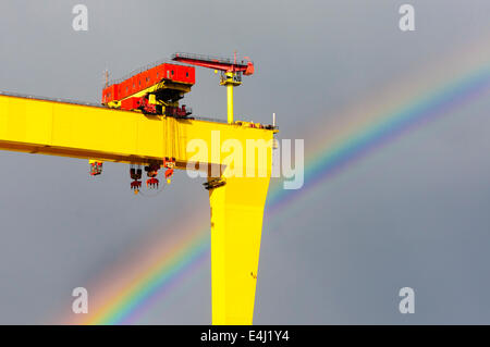 Un arc-en-ciel forme derrière Samson, l'un des deux célèbres grues Belfast jaune. Banque D'Images