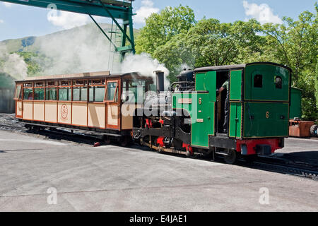 Snowdon Mountain Railway train à vapeur Llanberis avant voyage en haut Snowdon. Banque D'Images