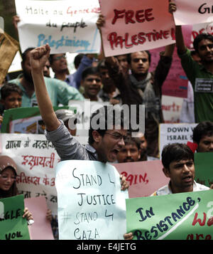 New Delhi, Inde. Le 13 juillet, 2014. Les manifestants tenir des pancartes et crier des slogans lors d'un rassemblement contre les raids aériens israéliens sur Gaza à New Delhi, Inde, le 13 juillet 2014. Credit : Partha Sarkar/Xinhua/Alamy Live News Banque D'Images