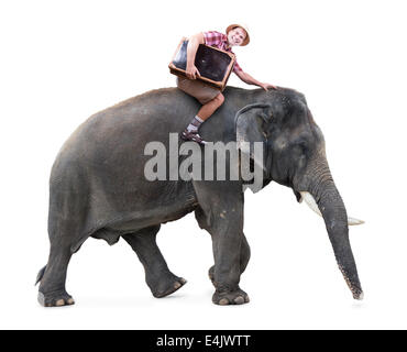 Tourisme gai se déplace sur un éléphant portant une valise Banque D'Images