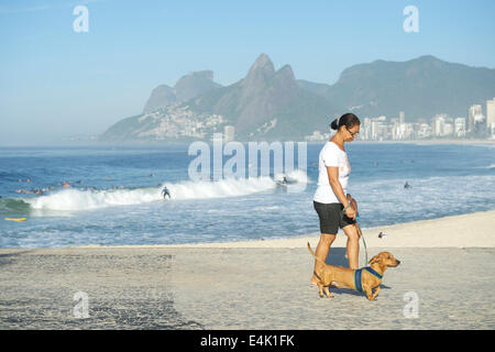 RIO DE JANEIRO, Brésil - le 21 février 2014 : Carioca Brazilian woman promener son chien teckel sur la promenade à l'Arpoador Banque D'Images