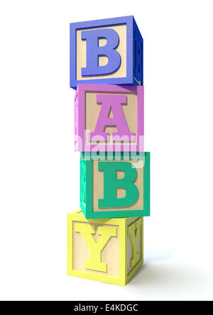 Une pile de quatre blocs bébé régulièrement dans diverses couleurs l'orthographe du mot bébé sur un fond blanc Banque D'Images