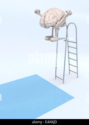 Cerveau humain avec les bras et les jambes sur le trampoline dans la piscine, 3d illustration Banque D'Images