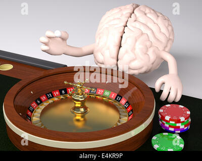 Cerveau humain avec les bras et les jambes derrière la table de roulette dans un casino, 3d illustration Banque D'Images