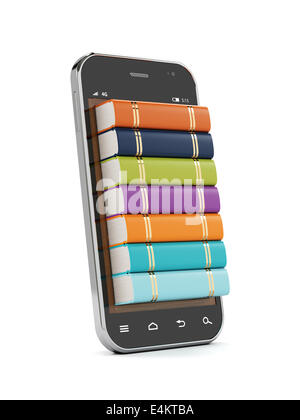 3D render of smartphone avec books isolé sur fond blanc. E-book library concept Banque D'Images