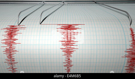 Un gros plan d'un sismographe aiguille machine dessiner une ligne rouge sur papier graphique illustrant l'activité sismique et eartquake sur l'isola Banque D'Images