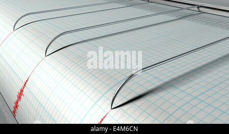 Un gros plan d'un sismographe aiguille machine dessiner une ligne rouge sur papier graphique illustrant l'activité sismique et eartquake sur l'isola Banque D'Images