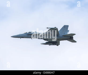 Farnborough, Hampshire, Royaume-Uni. 14 juillet, 2014. Le premier jour du Farnborough International Airshow 2014 a vu une démonstration de vol relativement court qui inclus le F-18 Super Hornet de l'USA vu ici. Malheureusement, le F-35B STOVL jet n'est toujours pas autorisé à voler pour le premier ministre britannique David Cameron a visité le salon et ont confirmé la volonté de l'UK Aero et de la défense. Credit : Niall Ferguson/Alamy Live News Banque D'Images