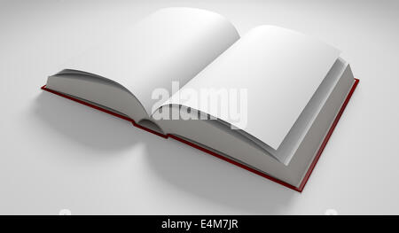 Un livre ouvert dans le milieu avec des pages blanches en blanc sur un fond blanc isolé Banque D'Images