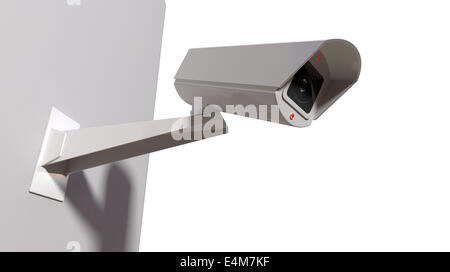 Une caméra de surveillance sans fil blanc avec feux lumineux monté sur un mur blanc isolé with copy space Banque D'Images