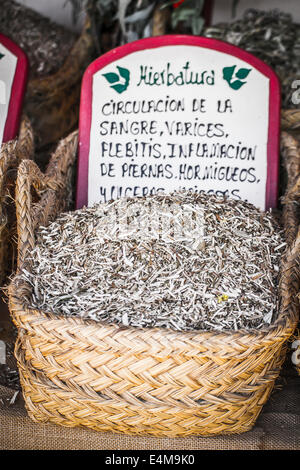 Des paniers en osier, séchées herbes curatives médicinales farcies Banque D'Images