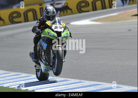 Monterey, Californie, USA. Le 13 juillet, 2014. Grilleini Kawasaki team rider Sheridan Morais de RSA (# 32) participe à la Race 1 lors de la ronde 9 du Championnat du Monde FIM Superbike tour à Laguna Seca où Marco Milandri (# 33) gagne. © Scott Beley/ZUMA/ZUMAPRESS.com/Alamy fil Live News Banque D'Images