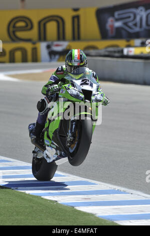 Monterey, Californie, USA. Le 13 juillet, 2014. Coureur de l'équipe Pedercini ANDREOZZI ALESSANDRO de l'Italie (# 21) participe à la Race 1 lors de la ronde 9 du Championnat du Monde FIM Superbike tour à Laguna Seca où Marco Milandri (# 33) gagne. © Scott Beley/ZUMA/ZUMAPRESS.com/Alamy fil Live News Banque D'Images