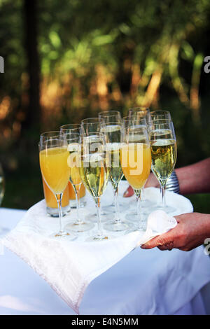 Waiter carrying tray de champagne Banque D'Images