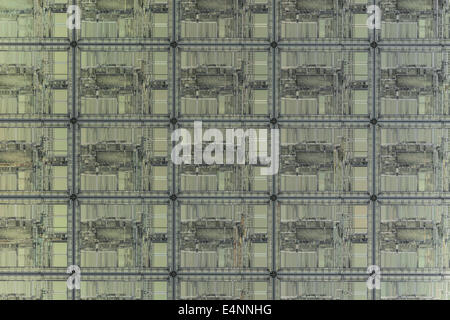 Macro-photo de puces de microcircuit sur galette de silicium. Pour la technologie numérique , les micro-circuits, le concept Tiny, les puces de silicium, la pénurie de micropuces de Russie Banque D'Images