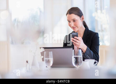 Businesswoman working on laptop in restaurant Banque D'Images