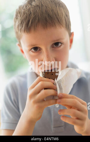 Boy (8-9) eating ice cream sandwich Banque D'Images