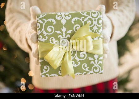 Studio Shot of female's hands holding gift Banque D'Images