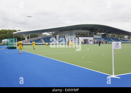 Glasgow National Hockey Centre, Glasgow Green, Glasgow, Écosse, Royaume-Uni, Mardi 15 juillet 2014. Avec 8 jours jusqu'à la cérémonie d'ouverture des Jeux du Commonwealth de 2014, les équipes utilisent les lieux pour l'entraînement avec les membres de l'équipe India vu ici Banque D'Images