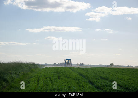 Pulvérisation du tracteur avec des produits chimiques sur le terrain et l'homme avec l'outil de mesure dans l'agriculture et de la soirée sur le terrain de la lumière du soleil. Banque D'Images