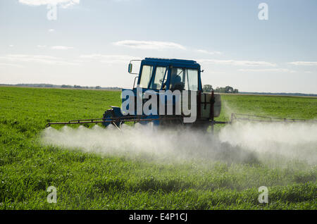 Pulvérisation tracteur champ avec engrais herbicide insecticide produits chimiques dans l'agriculture et de la soirée sur le terrain de la lumière du soleil. Banque D'Images