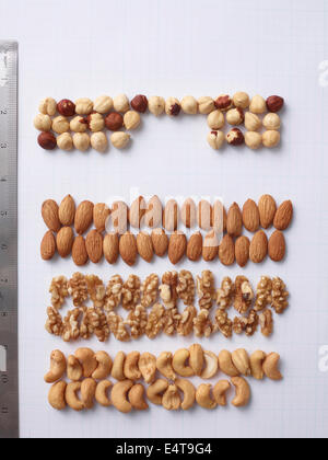 Vue aérienne de groupes de divers types d'écrous le long règle latérale, studio shot Banque D'Images