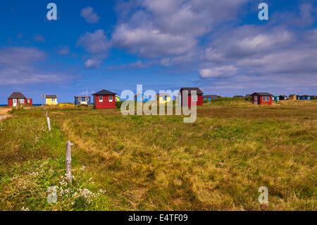 Champ et cabines de plage, Aeroskobing, Aero, l'île de la péninsule du Jutland, Danemark du Sud de la région, du Danemark, de l'Europe Banque D'Images