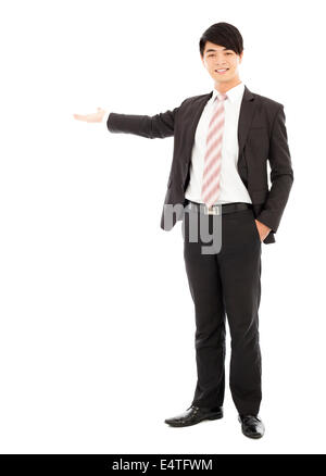 Businessman with bienvenue et geste montrant Banque D'Images