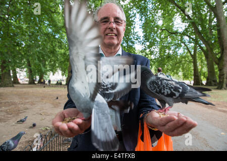 Nourrir les oiseaux l'homme local dans St James's Park à Londres Banque D'Images